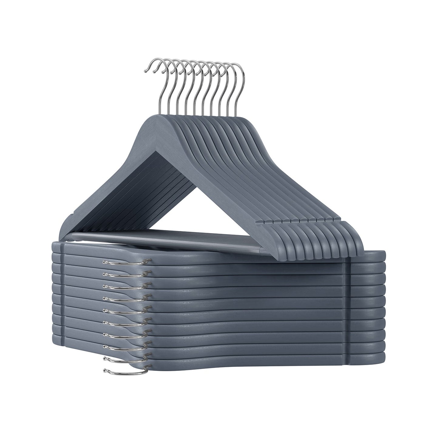 Wooden Hangers - Maple Wood - Lead Grey and Silver - Set of 20 with Shoulder Notches and Anti-Slip Trousers Bar