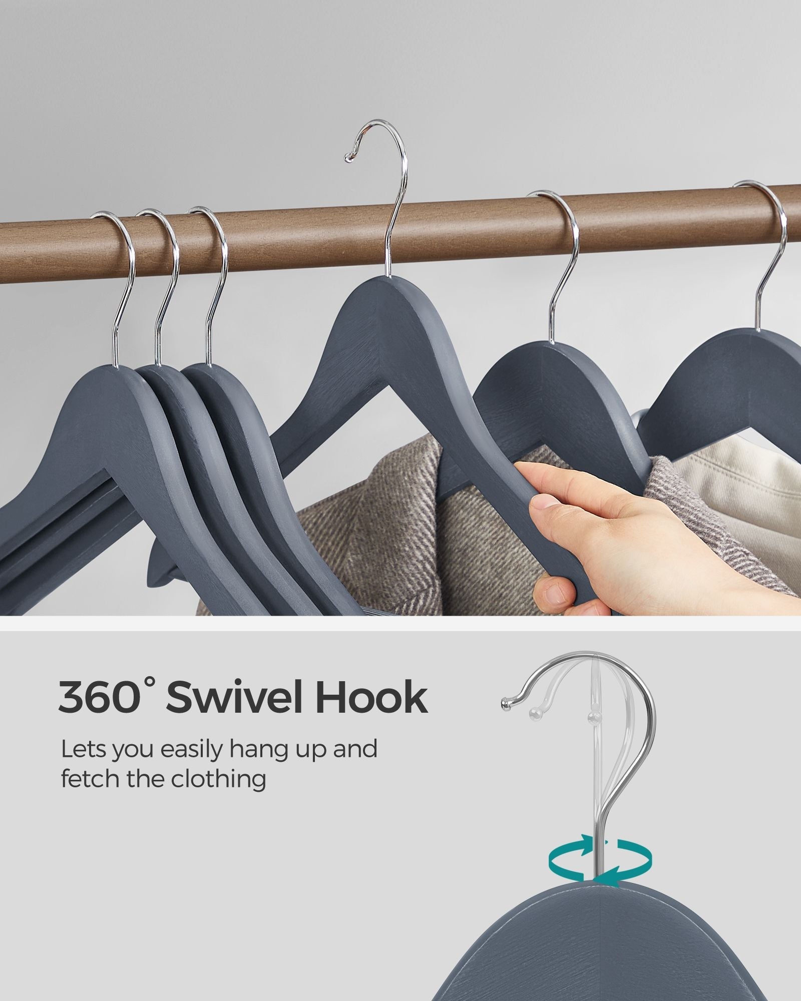 Wooden Hangers - Maple Wood - Lead Grey and Silver - Set of 20 with Shoulder Notches and Anti-Slip Trousers Bar