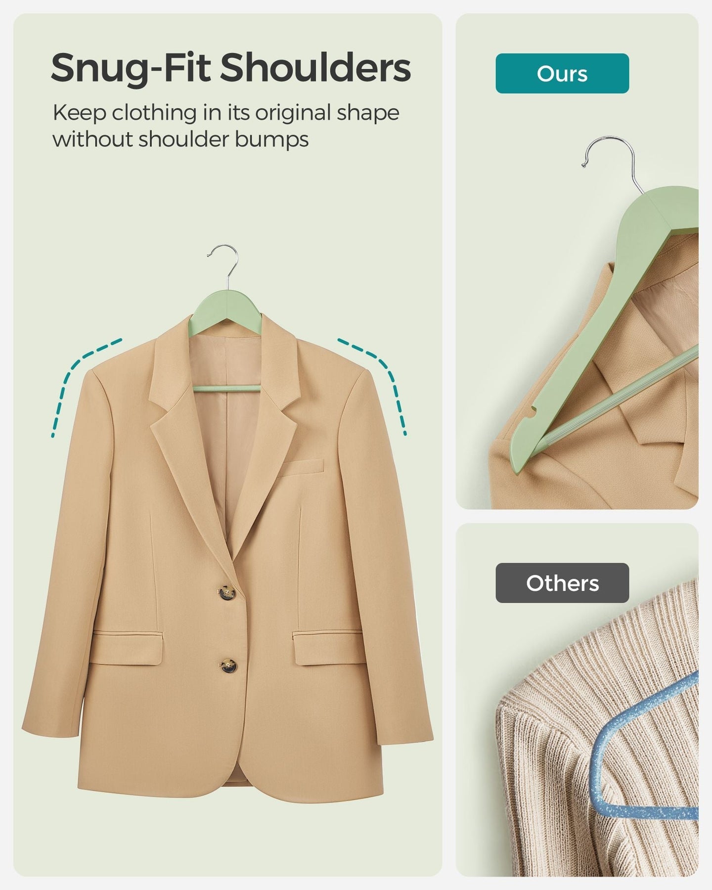 Wooden Coat Hangers - Maple Wood - Light Green and Silver - Set of 20 with Shoulder Notches and Anti-Slip Trouser Bar