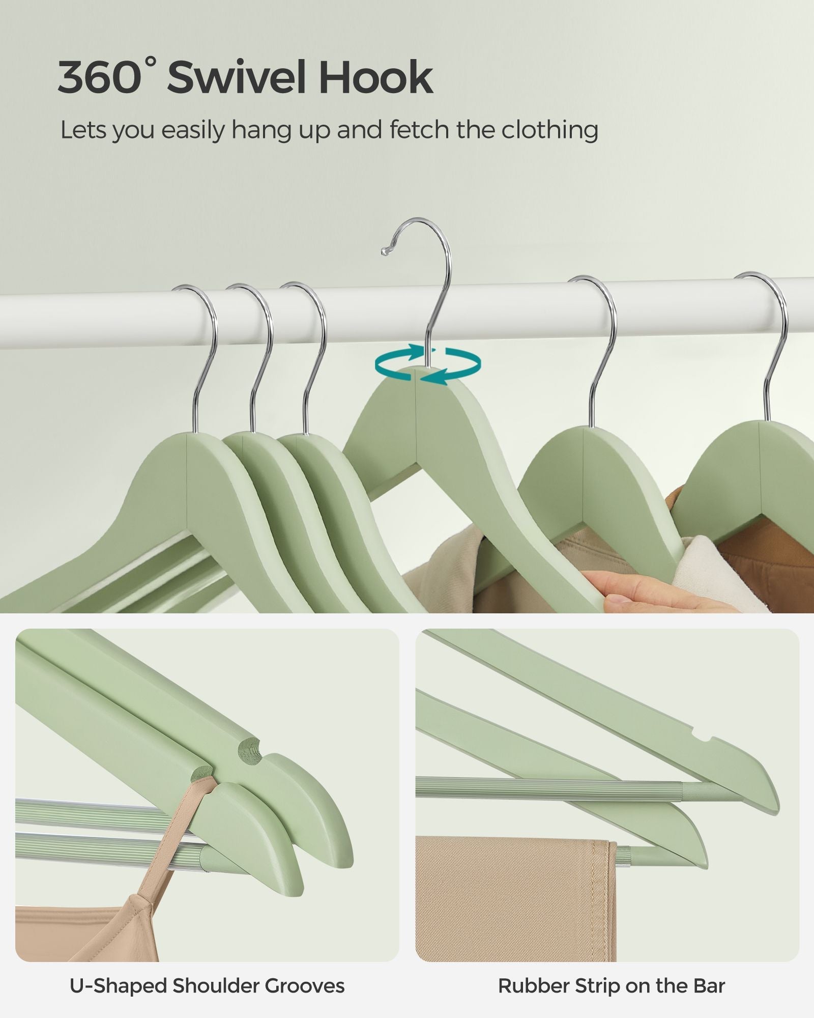 Wooden Coat Hangers - Maple Wood - Light Green and Silver - Set of 20 with Shoulder Notches and Anti-Slip Trouser Bar
