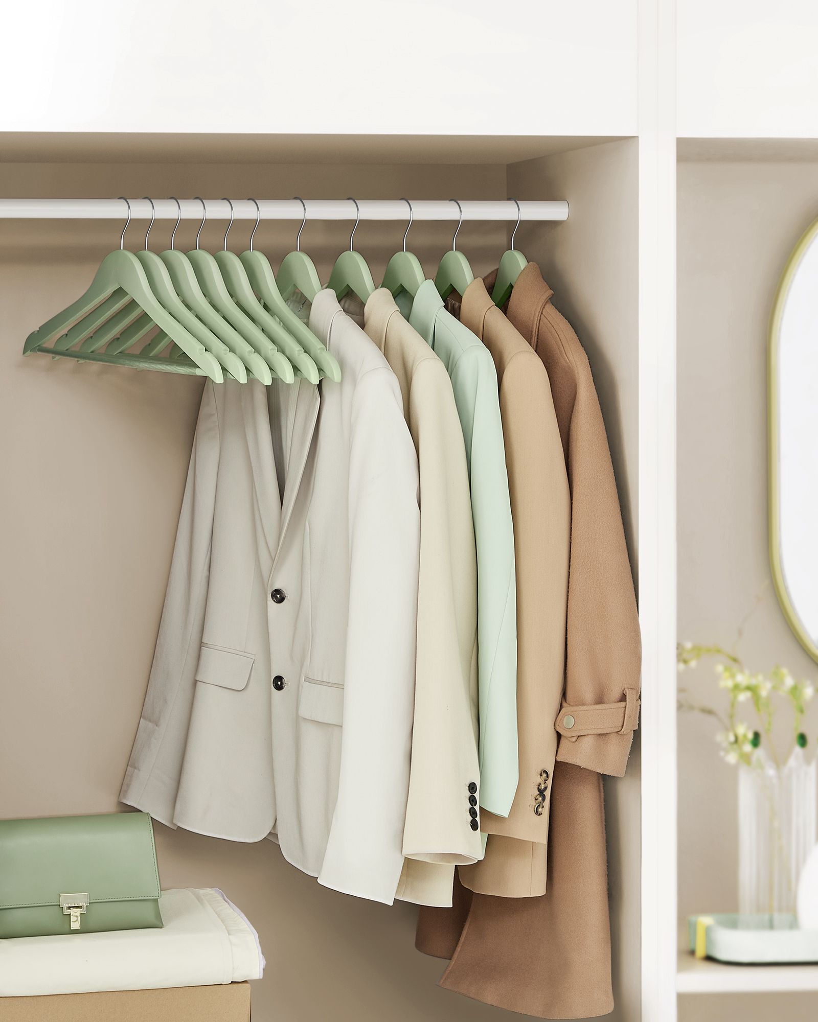 Wooden Coat Hangers - Maple Wood - Light Green and Silver - Set of 20 with Shoulder Notches and Anti-Slip Trouser Bar