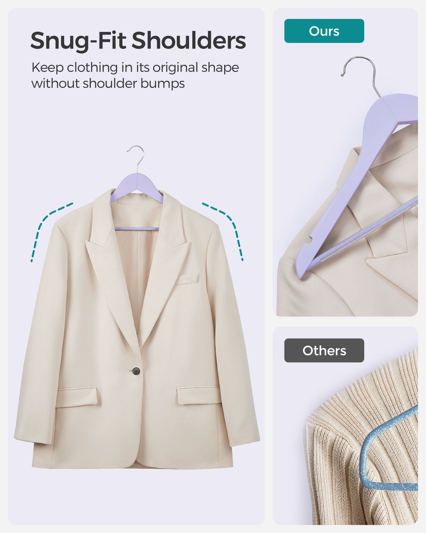 Wooden Coat Hangers - Maple Wood - Light Purple and Silver - 360° Swivel Hook with Shoulder Notches and Anti-Slip Trousers Bar