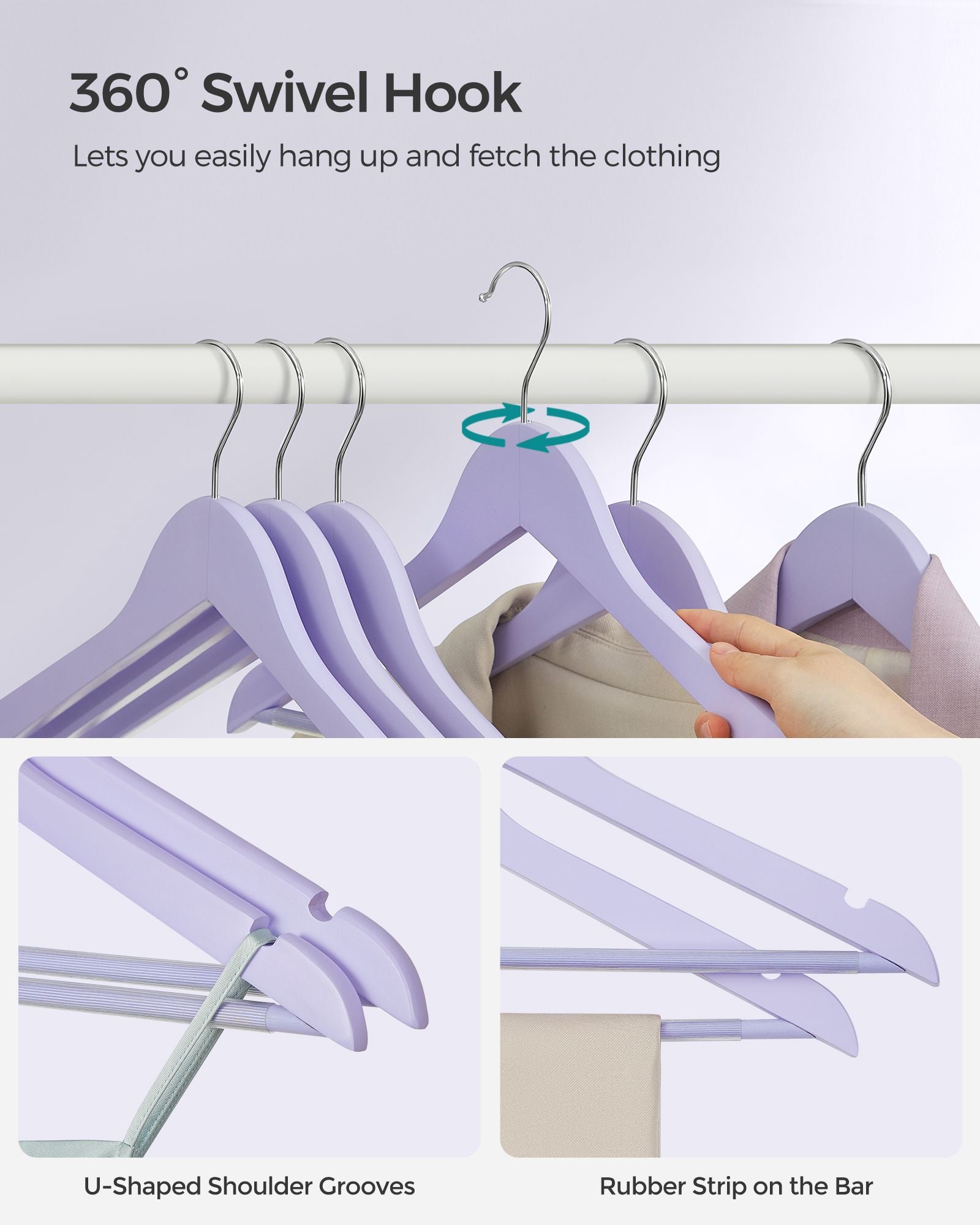 Wooden Coat Hangers - Maple Wood - Light Purple and Silver - 360° Swivel Hook with Shoulder Notches and Anti-Slip Trousers Bar