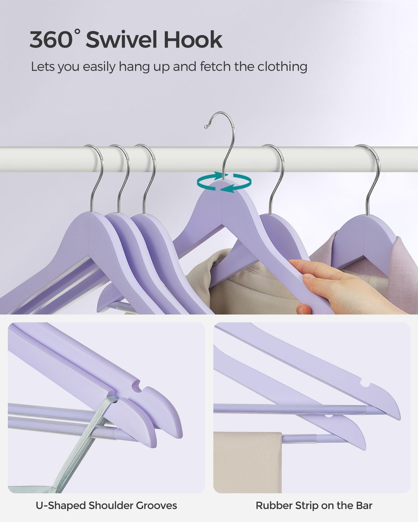 Wooden Coat Hangers - Maple Wood - Light Purple and Silver - 360° Swivel Hook with Shoulder Notches and Anti-Slip Trousers Bar