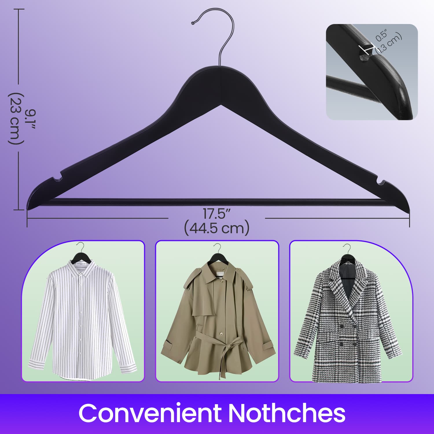 Solid Wood Hangers - Solid Wood - Black and Silver - Set of 20 with Shoulder Grooves and Non-Slip Bar