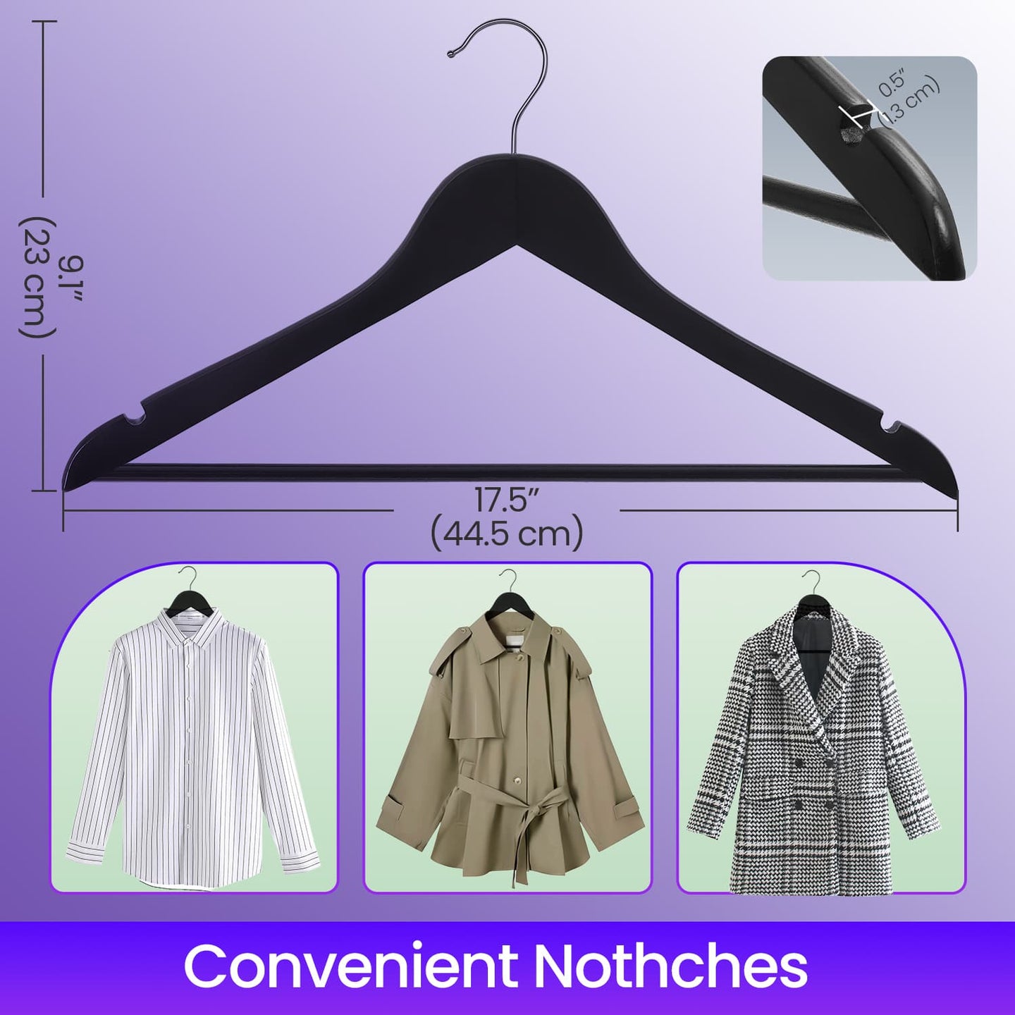 Solid Wood Hangers - Solid Wood - Black and Silver - Set of 20 with Shoulder Grooves and Non-Slip Bar