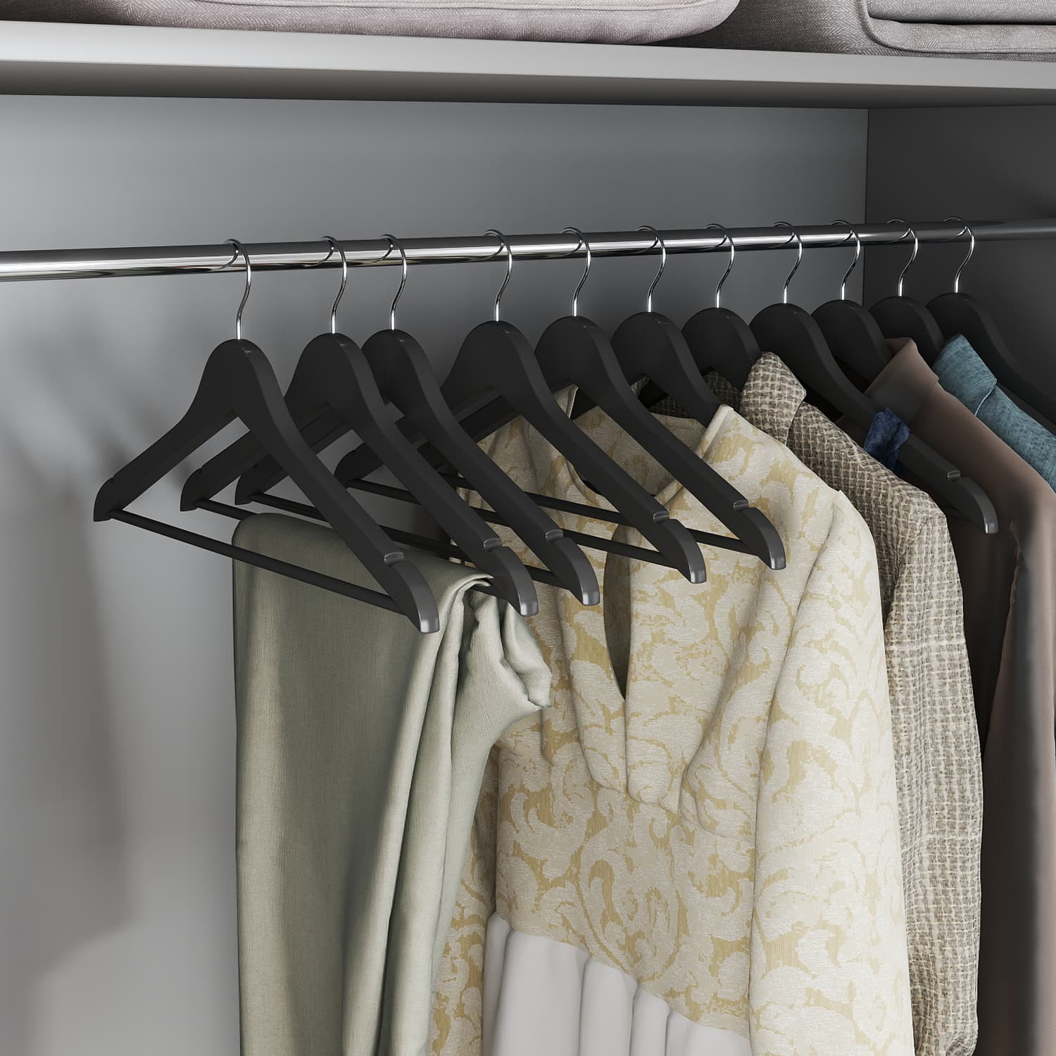 Solid Wood Hangers - Solid Wood - Black and Silver - Set of 20 with Shoulder Grooves and Non-Slip Bar