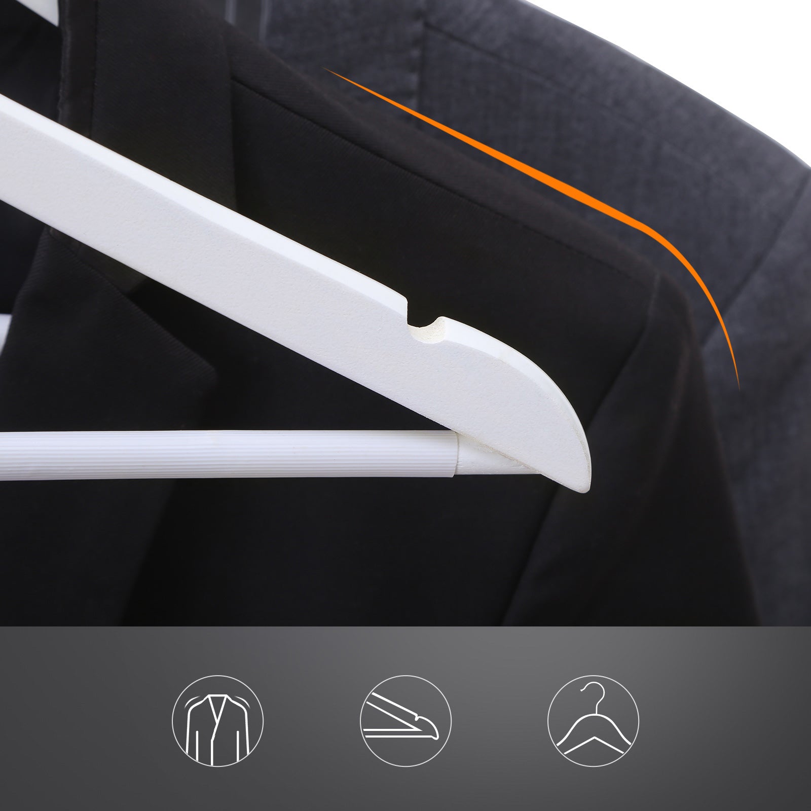 Wood Coat Hangers - Pack of 30 - Solid Wood - White - Non-Slip Trousers Bar with Shoulder Notches and 360 Degree Swivel Hook