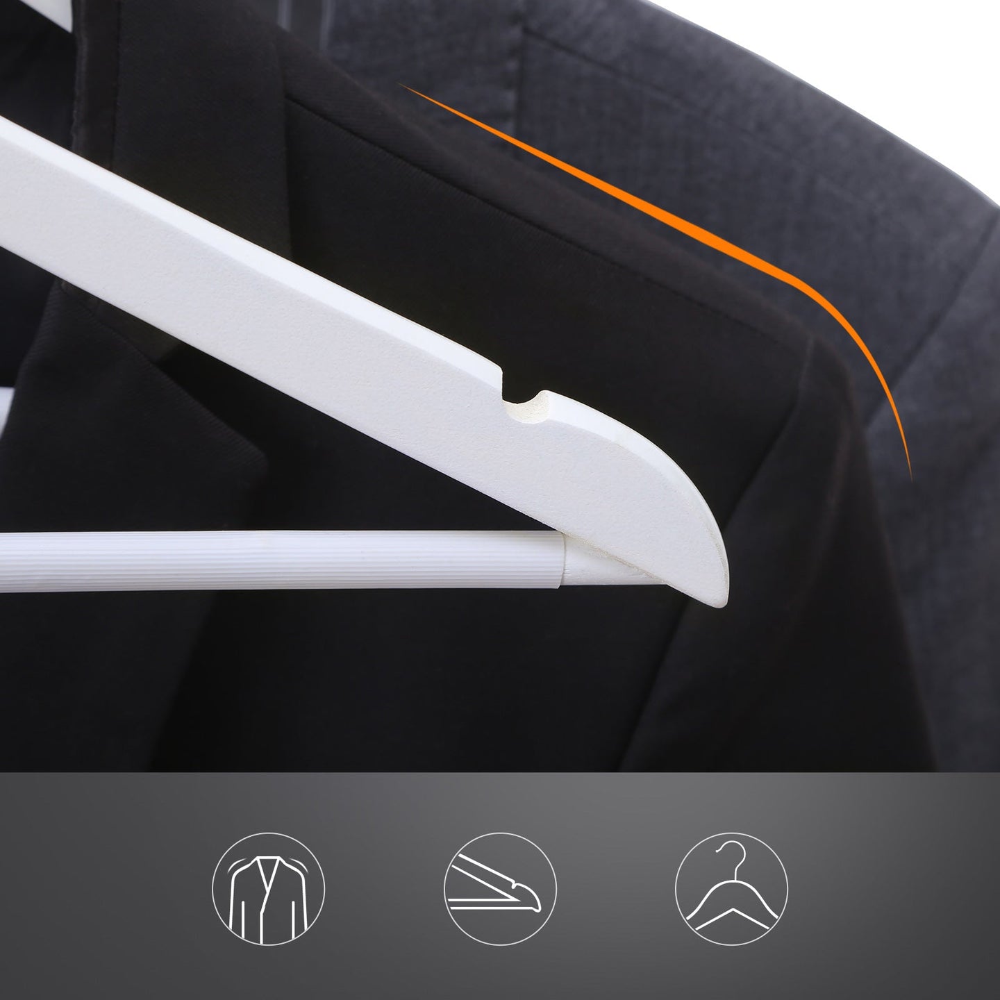 Wood Coat Hangers - Pack of 30 - Solid Wood - White - Non-Slip Trousers Bar with Shoulder Notches and 360 Degree Swivel Hook