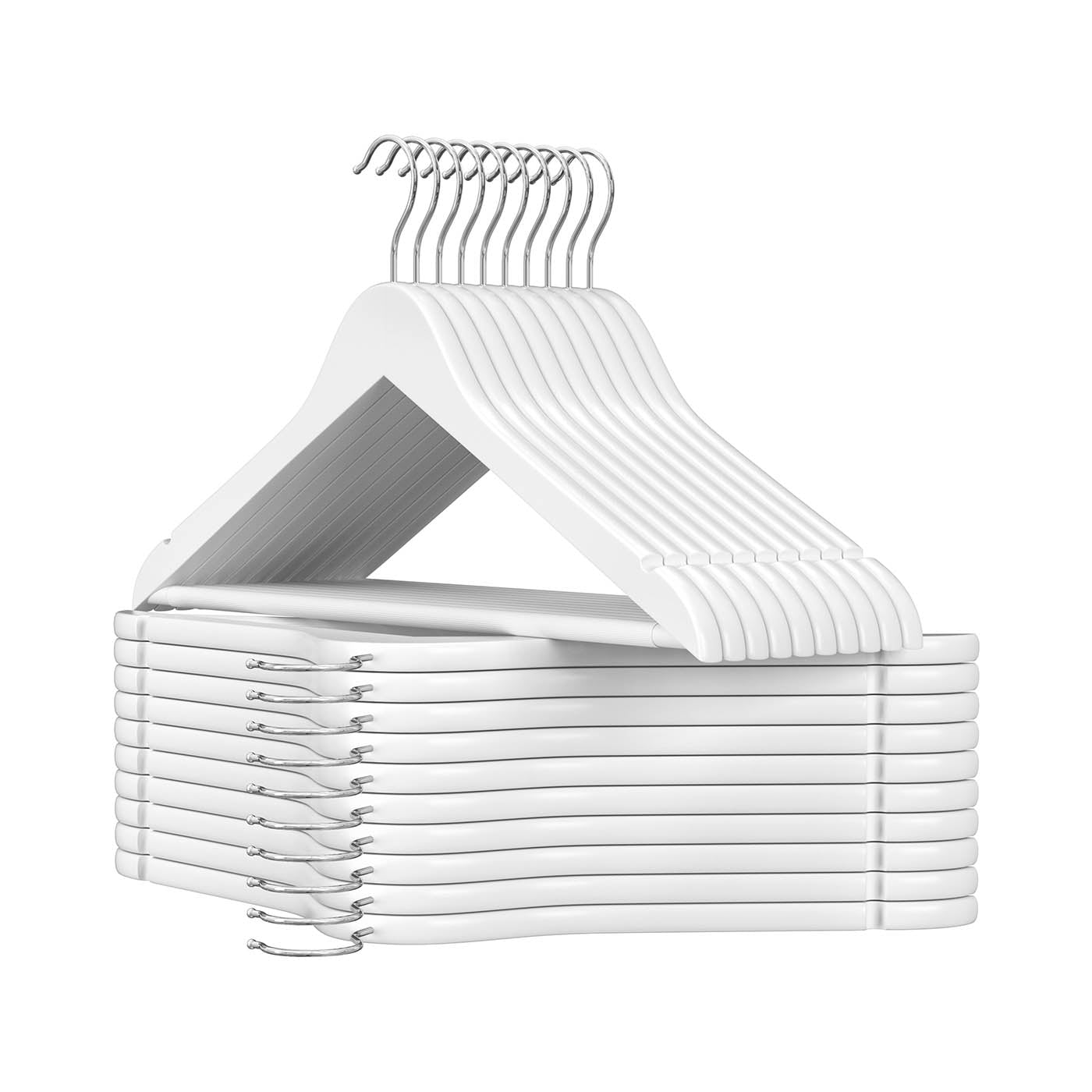 Wooden Hangers - Wood - White - Pack of 50 with Anti-Slip Sleeve and Metal Hook