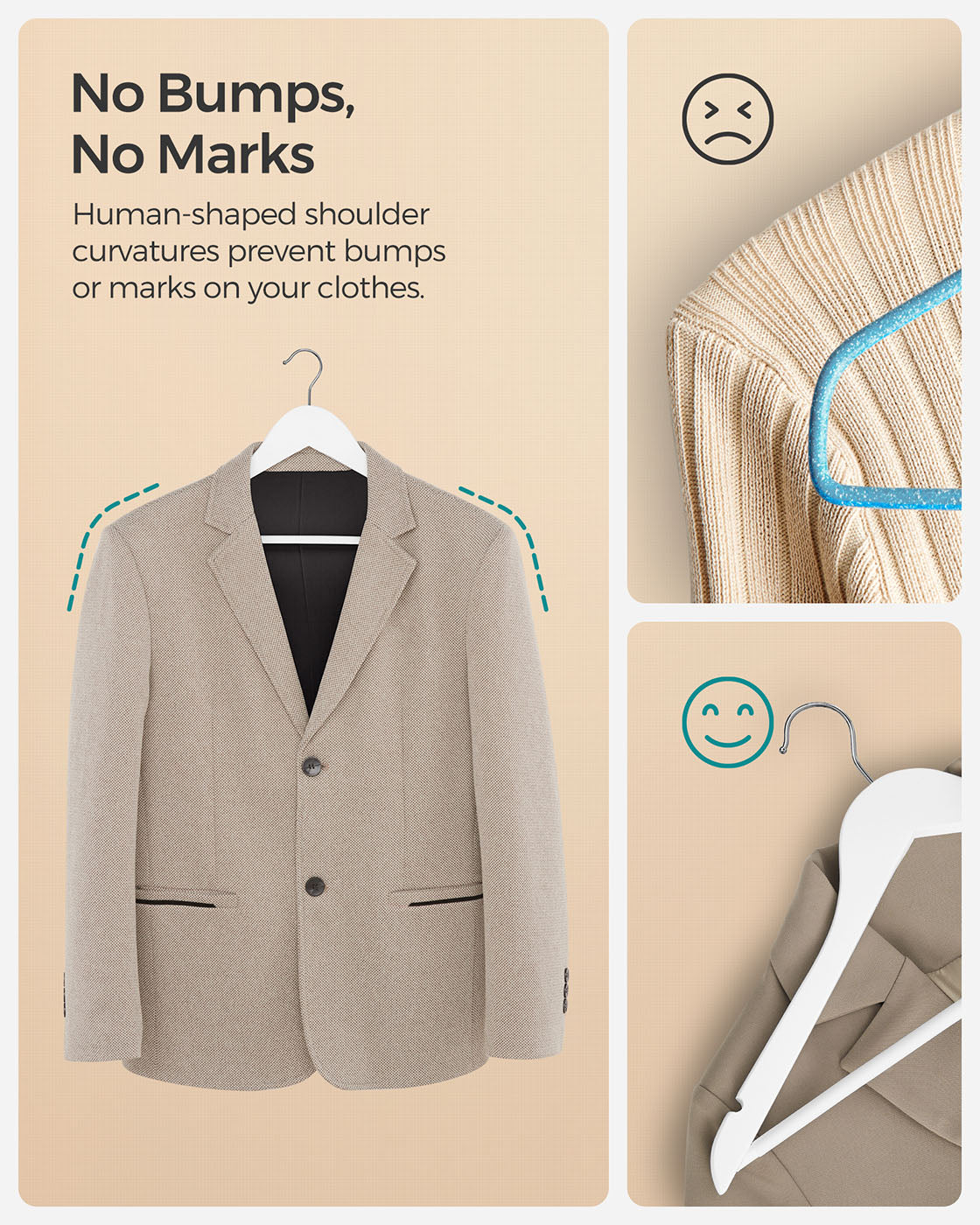 Wooden Hangers - Wood - White - Pack of 50 with Anti-Slip Sleeve and Metal Hook