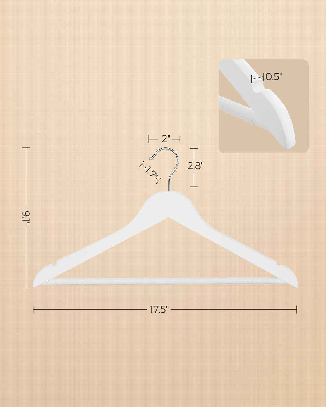 Wooden Hangers - Wood - White - Pack of 50 with Anti-Slip Sleeve and Metal Hook