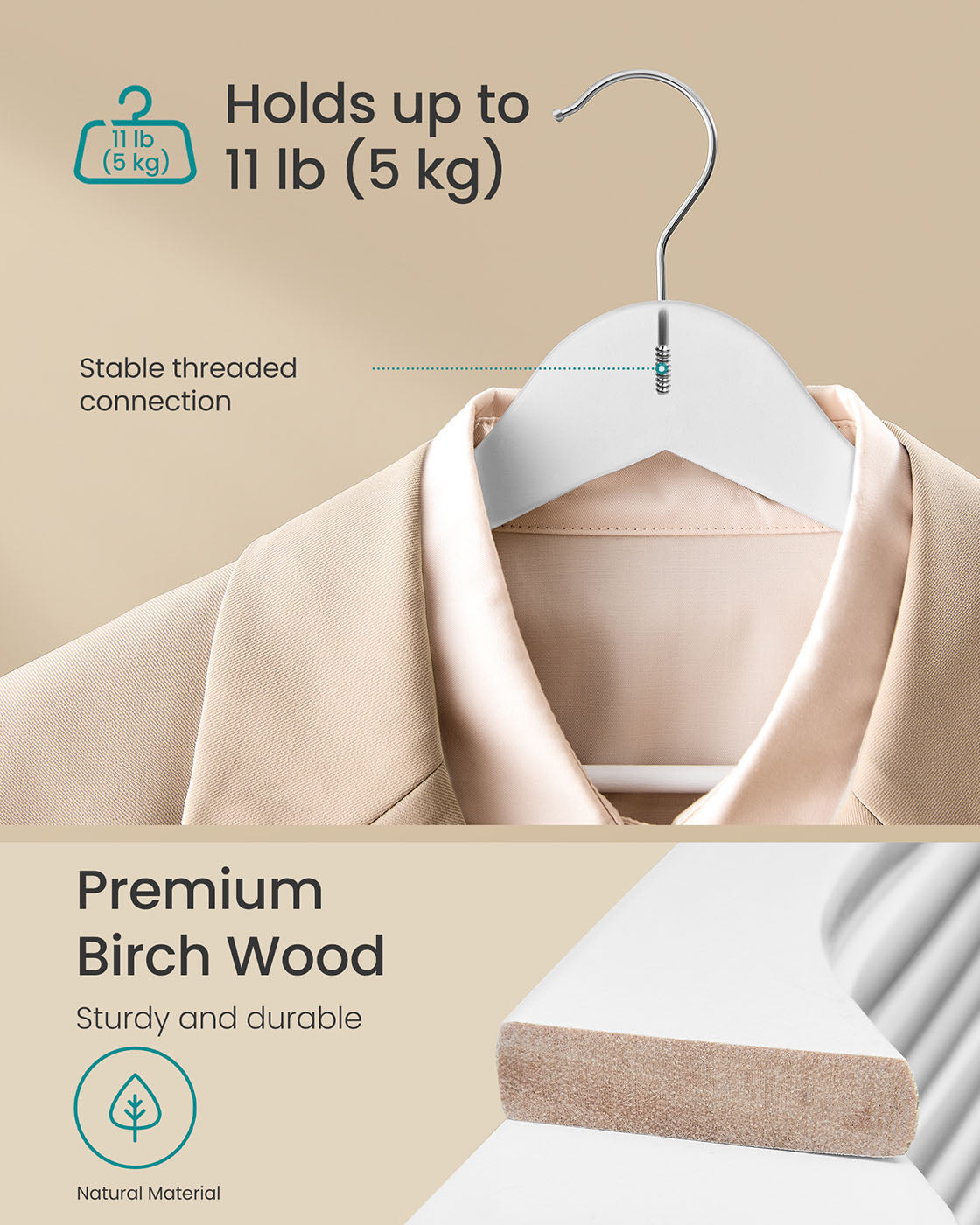 Wooden Hangers - Solid Birch Wood - Cloud White - Pack of 20 with 360° Swivel Hooks