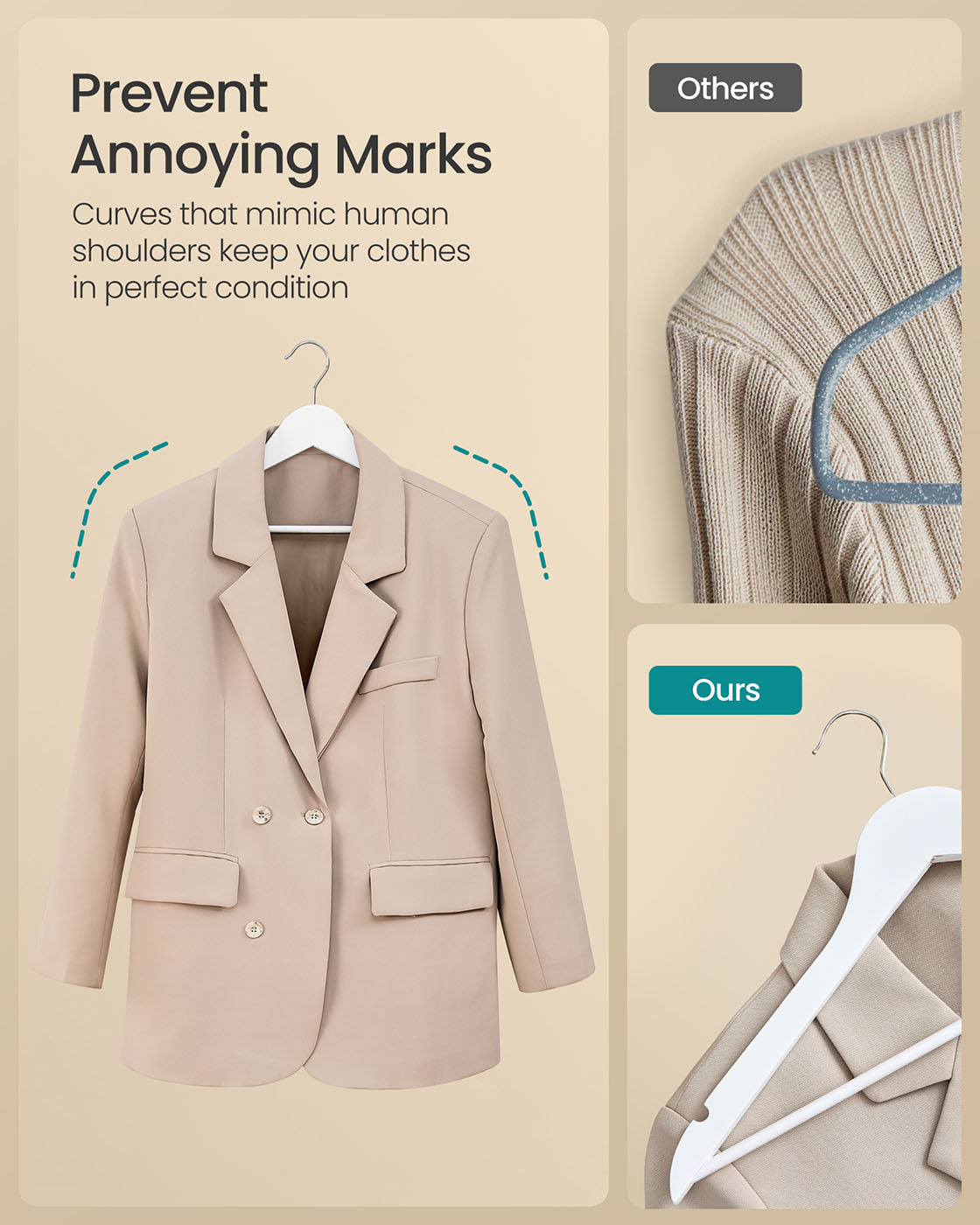 Wooden Hangers - Solid Birch Wood - Cloud White - Pack of 20 with 360° Swivel Hooks