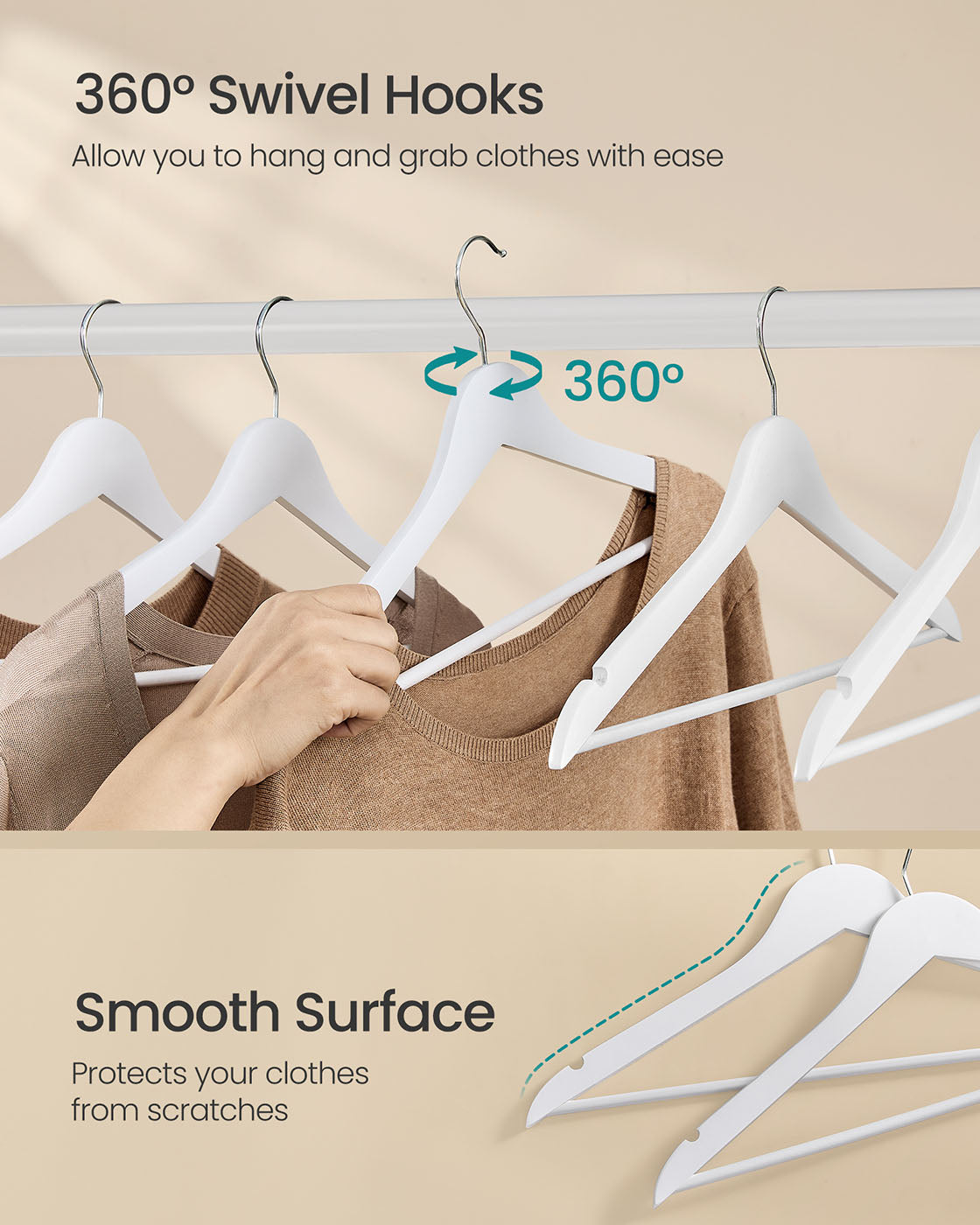 Wooden Hangers - Solid Birch Wood - Cloud White - Pack of 20 with 360° Swivel Hooks