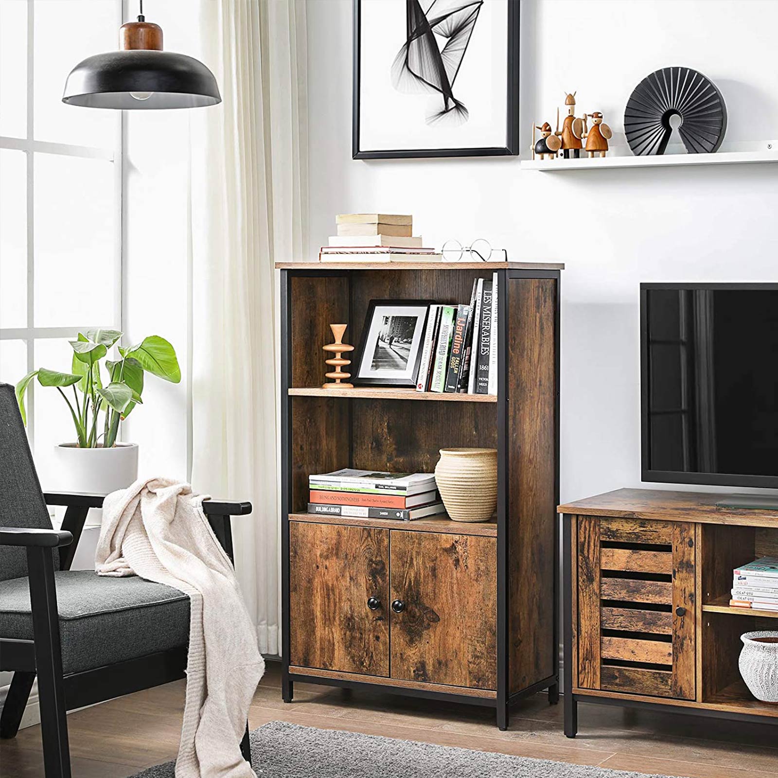 Cabinet - Wood - Rustic Brown and Black - Multifunctional with Open and Closed Compartments