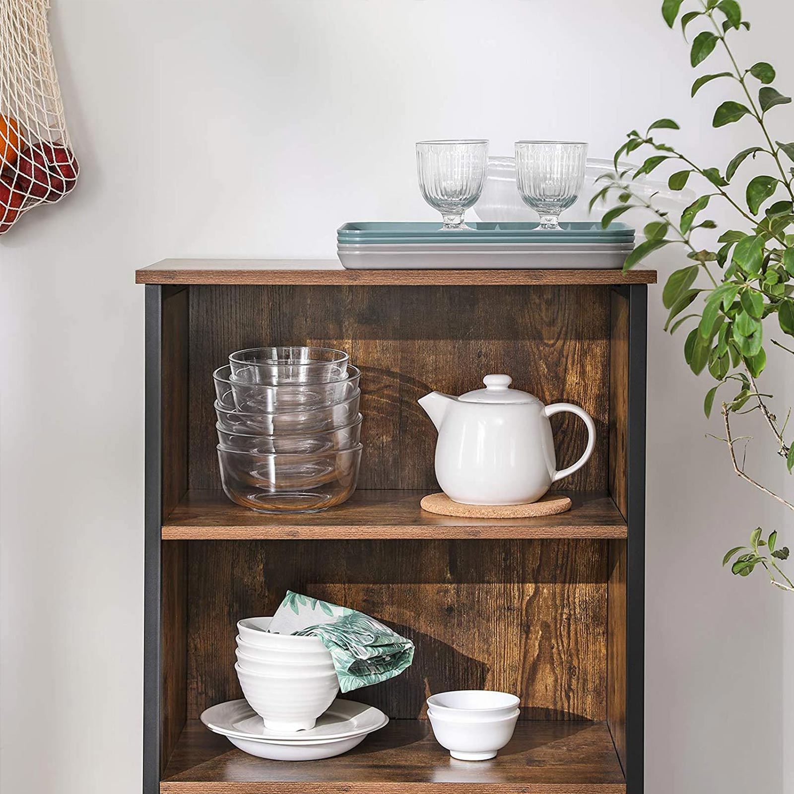Cabinet - Wood - Rustic Brown and Black - Multifunctional with Open and Closed Compartments