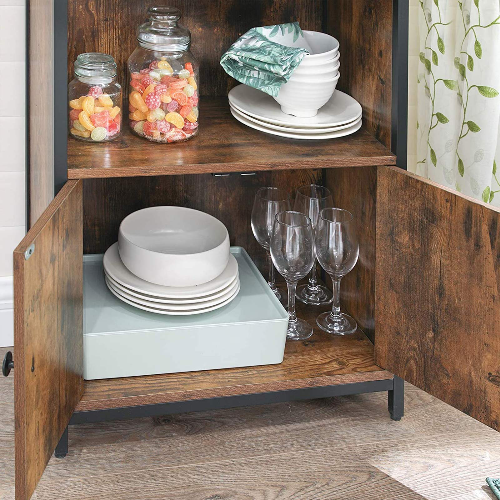 Cabinet - Wood - Rustic Brown and Black - Multifunctional with Open and Closed Compartments