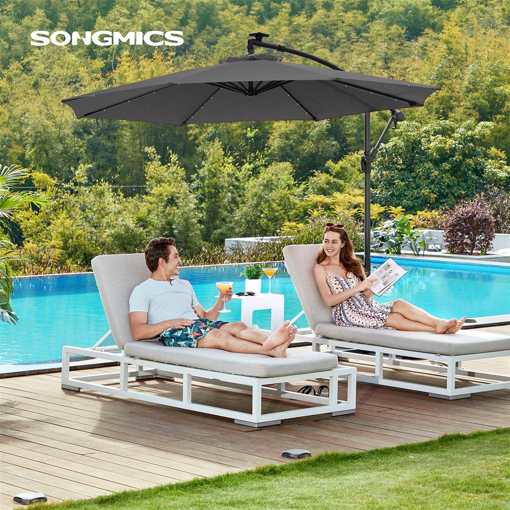 Cantilever Garden Parasol - Fabric - Red - Solar-Powered LED Lights