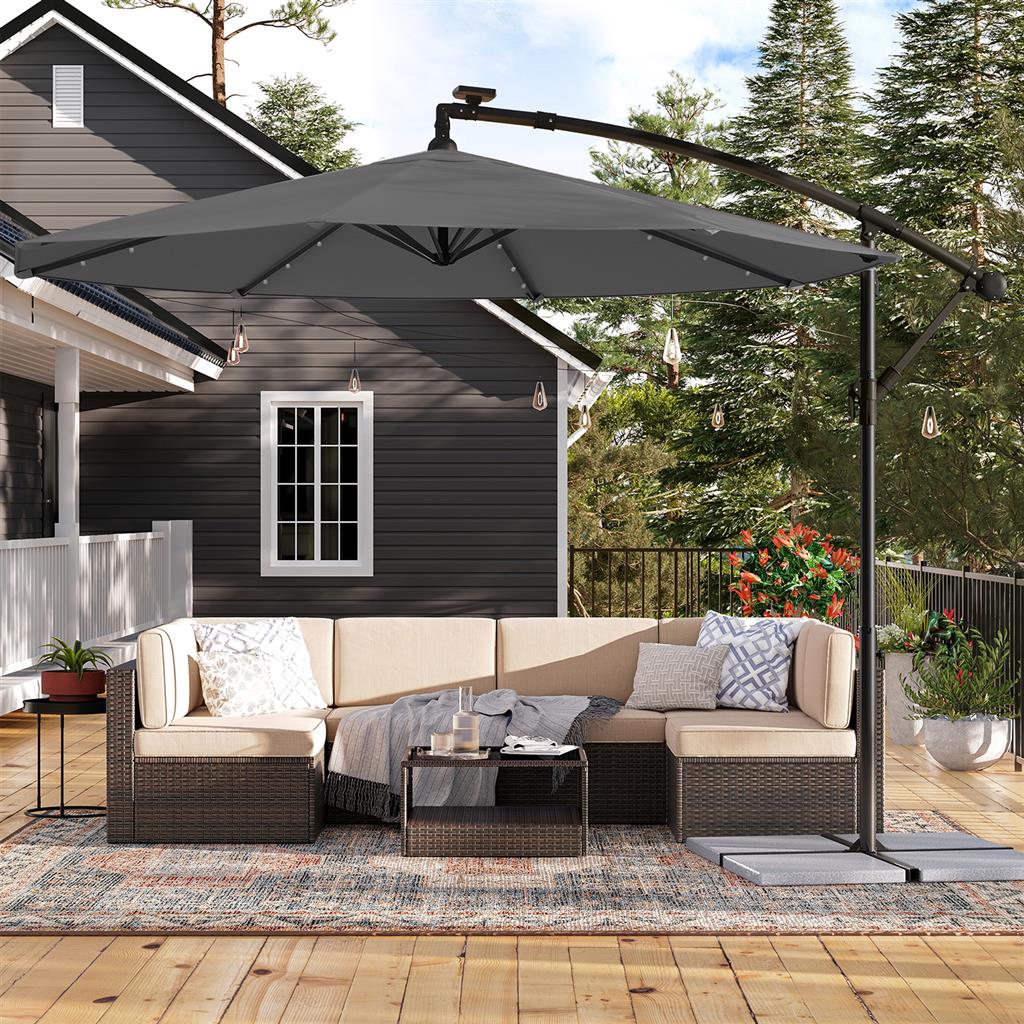 Cantilever Garden Parasol - Fabric - Red - Solar-Powered LED Lights