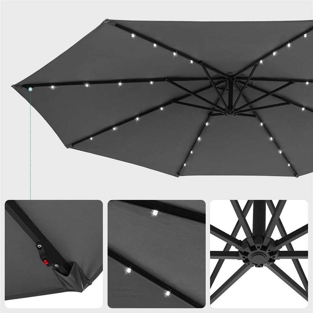 Cantilever Garden Parasol - Fabric - Red - Solar-Powered LED Lights