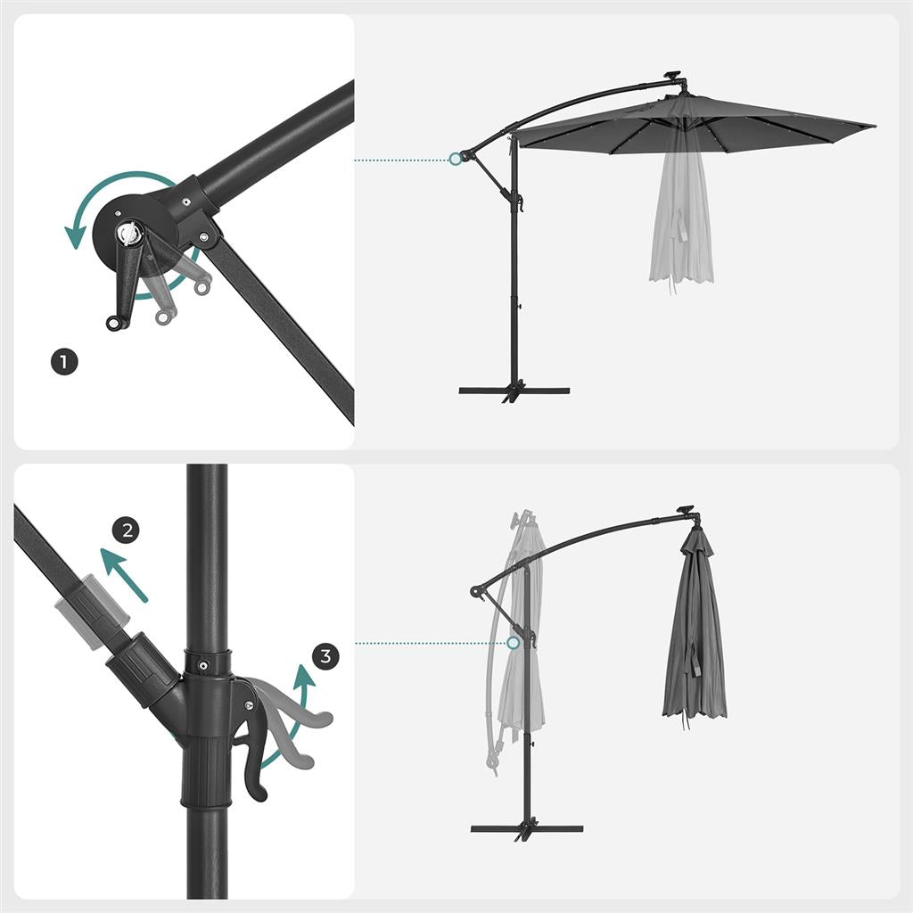 Cantilever Garden Parasol - Fabric - Red - Solar-Powered LED Lights