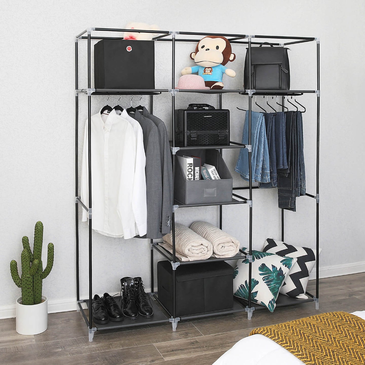 Clothes Wardrobe - Canvas - Beige - Storage with Hanging Rail and Shelves 175 x 150 x 45 cm
