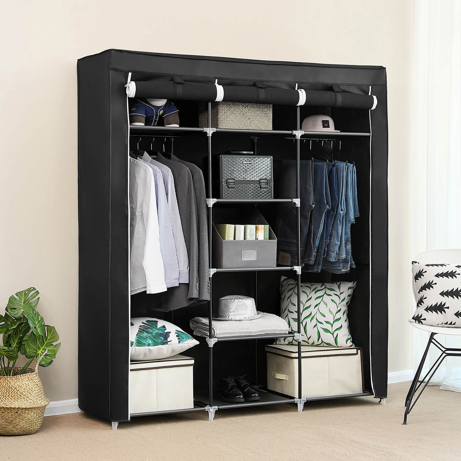 Clothes Wardrobe - Canvas - Beige - Storage with Hanging Rail and Shelves 175 x 150 x 45 cm