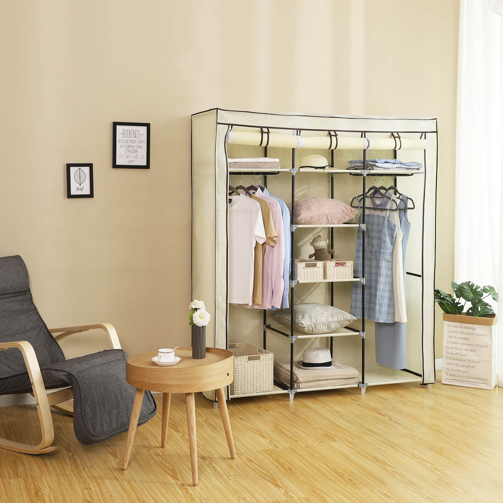 Canvas Wardrobe - Fabric - Beige - Clothes Hanging Rail with Storage Shelves 175 x 150 x 45 cm