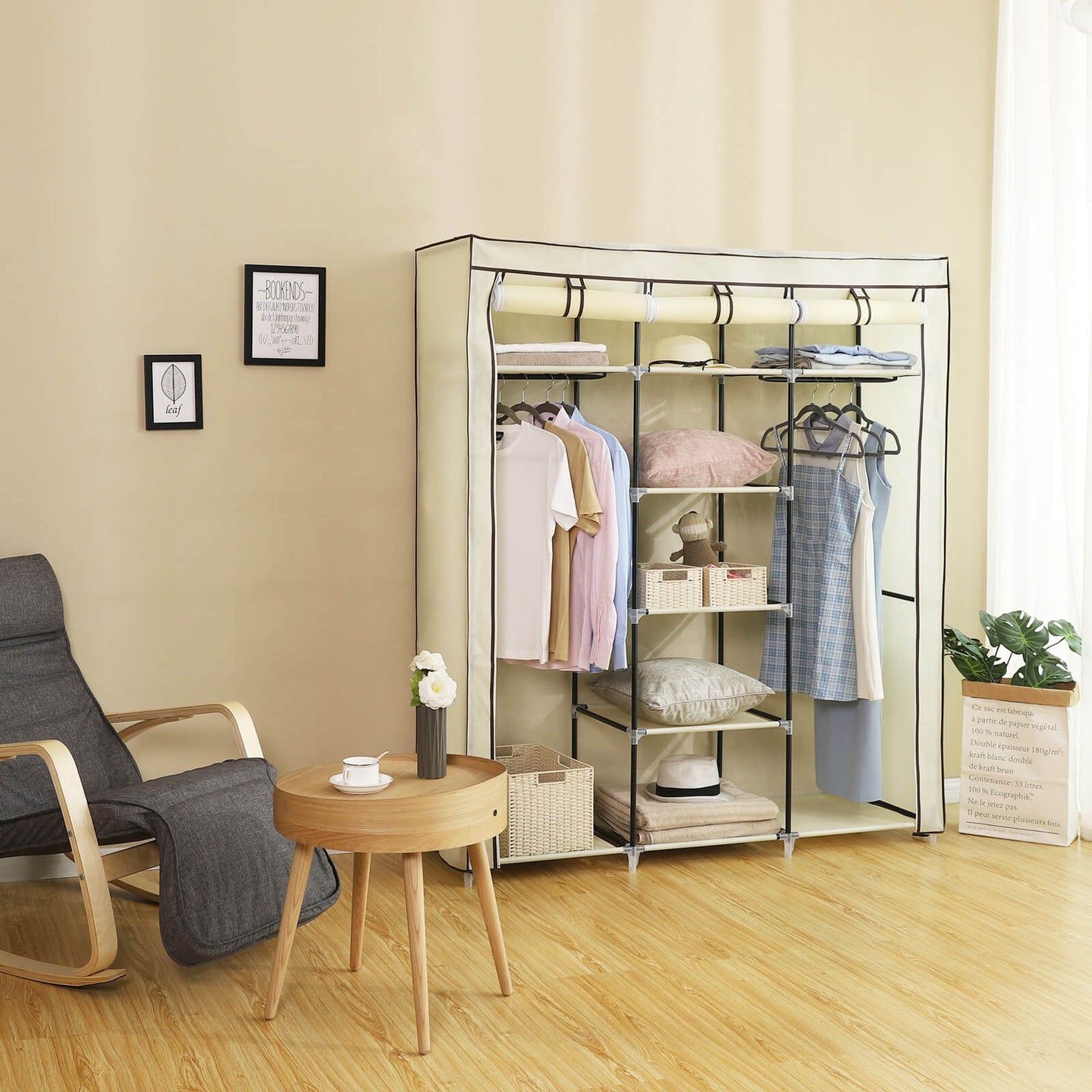 Canvas Wardrobe - Fabric - Beige - Clothes Hanging Rail with Storage Shelves 175 x 150 x 45 cm