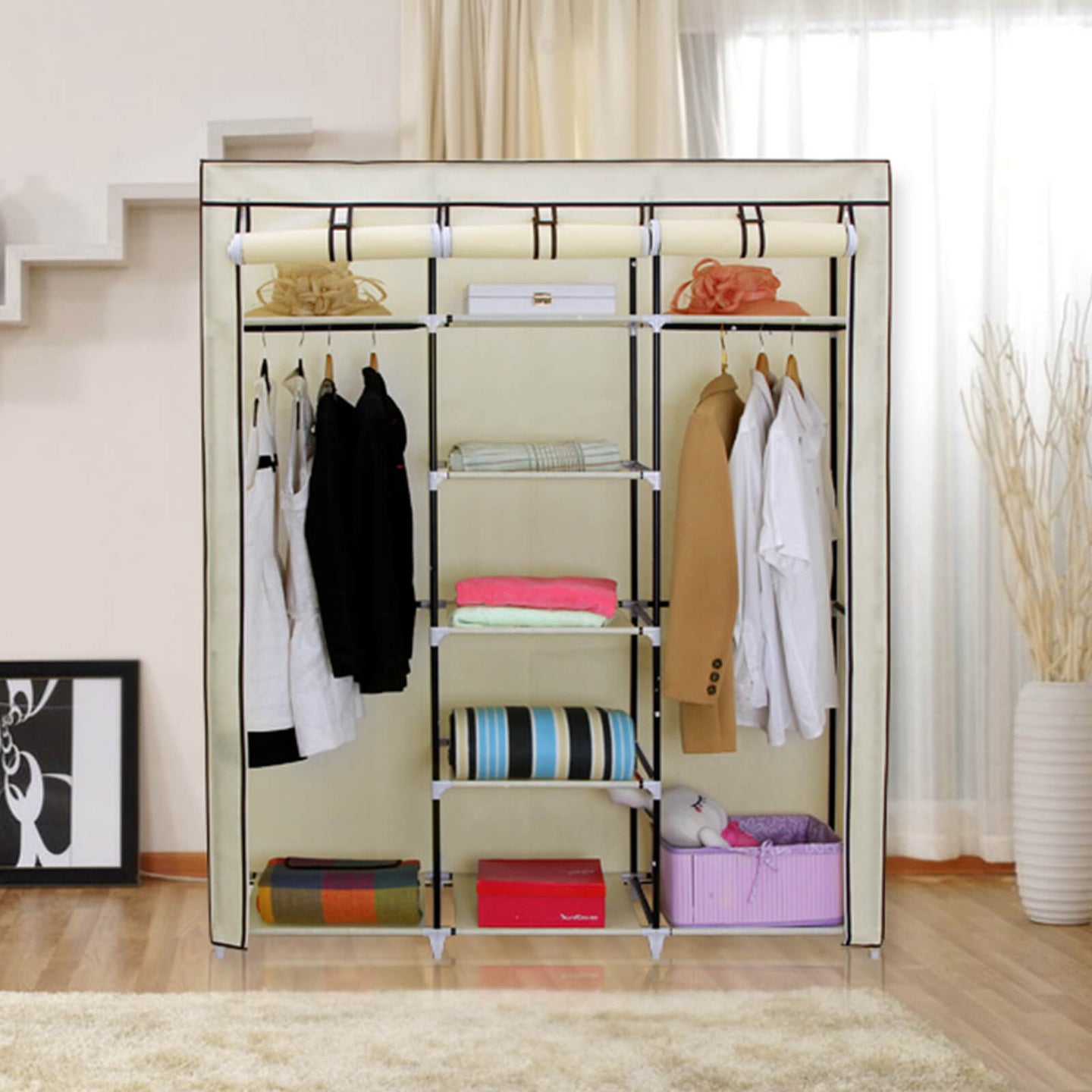 Canvas Wardrobe - Fabric - Beige - Clothes Hanging Rail with Storage Shelves 175 x 150 x 45 cm