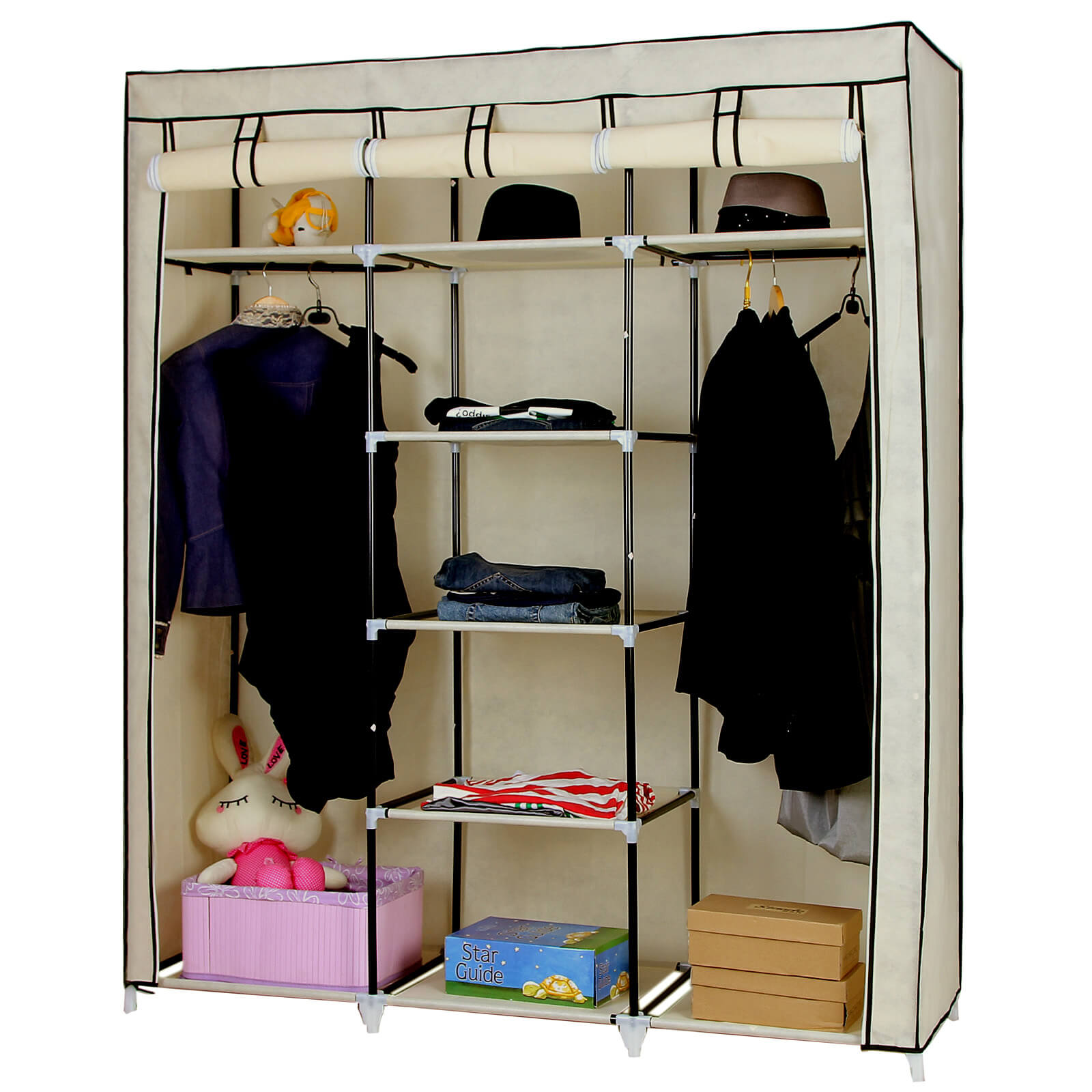 Canvas Wardrobe - Fabric - Beige - Clothes Hanging Rail with Storage Shelves 175 x 150 x 45 cm