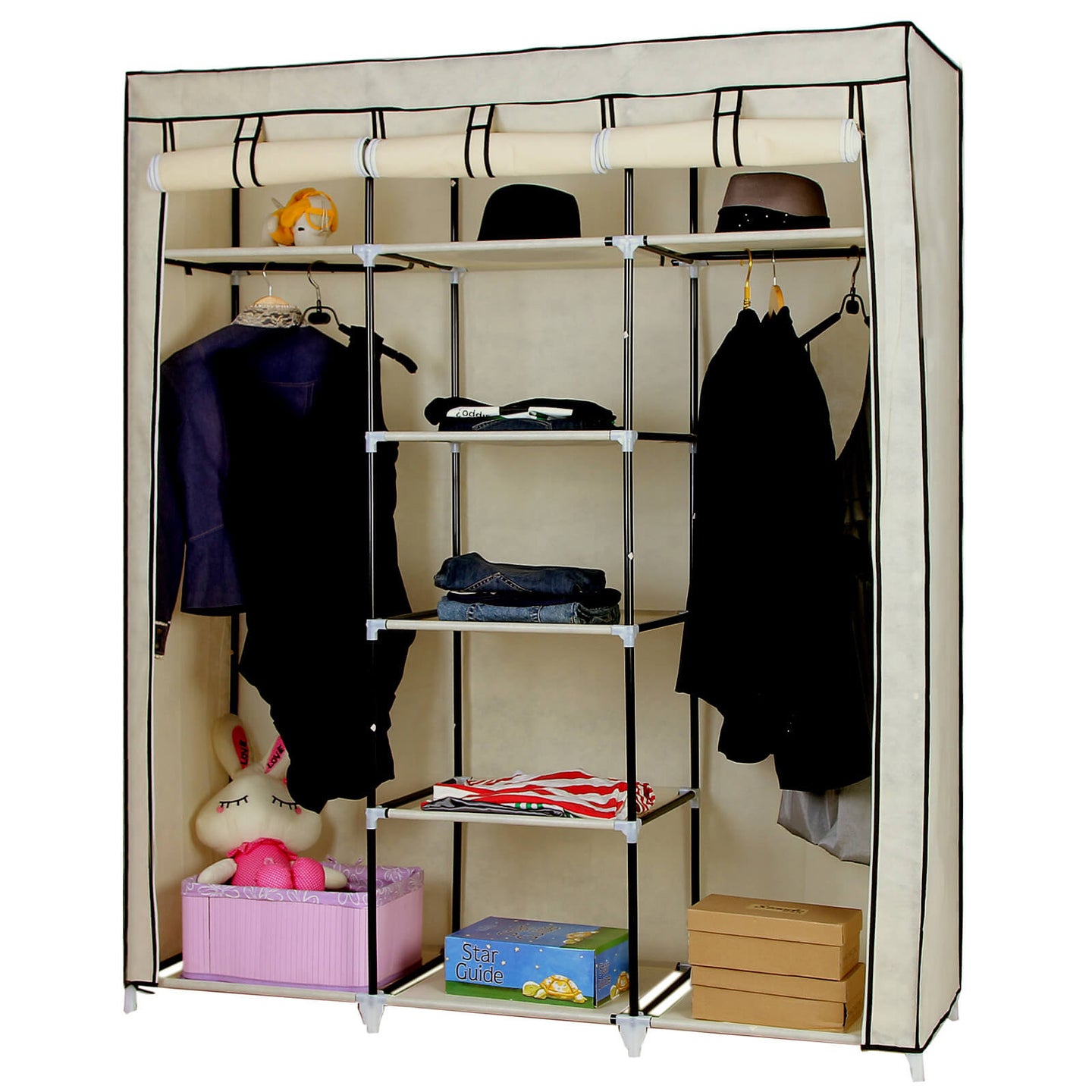 Canvas Wardrobe - Fabric - Beige - Clothes Hanging Rail with Storage Shelves 175 x 150 x 45 cm