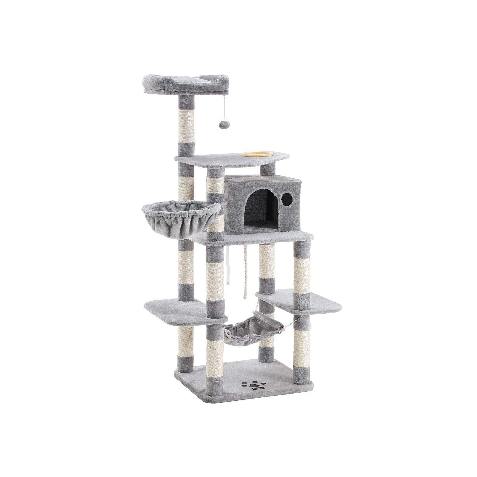 Cat Tree - Engineered Wood - Light Grey - Multi-Level with Hammock and Feeder Bowl