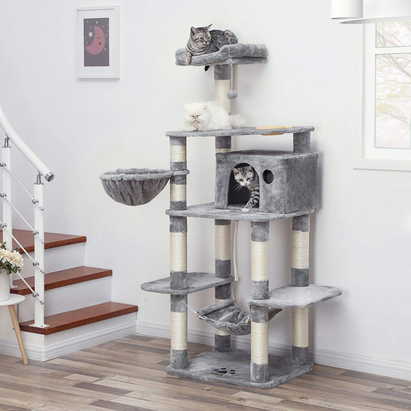 Cat Tree - Engineered Wood - Light Grey - Multi-Level with Hammock and Feeder Bowl