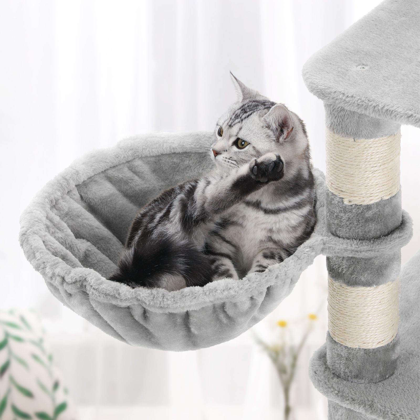 Cat Tree - Engineered Wood - Light Grey - Multi-Level with Hammock and Feeder Bowl