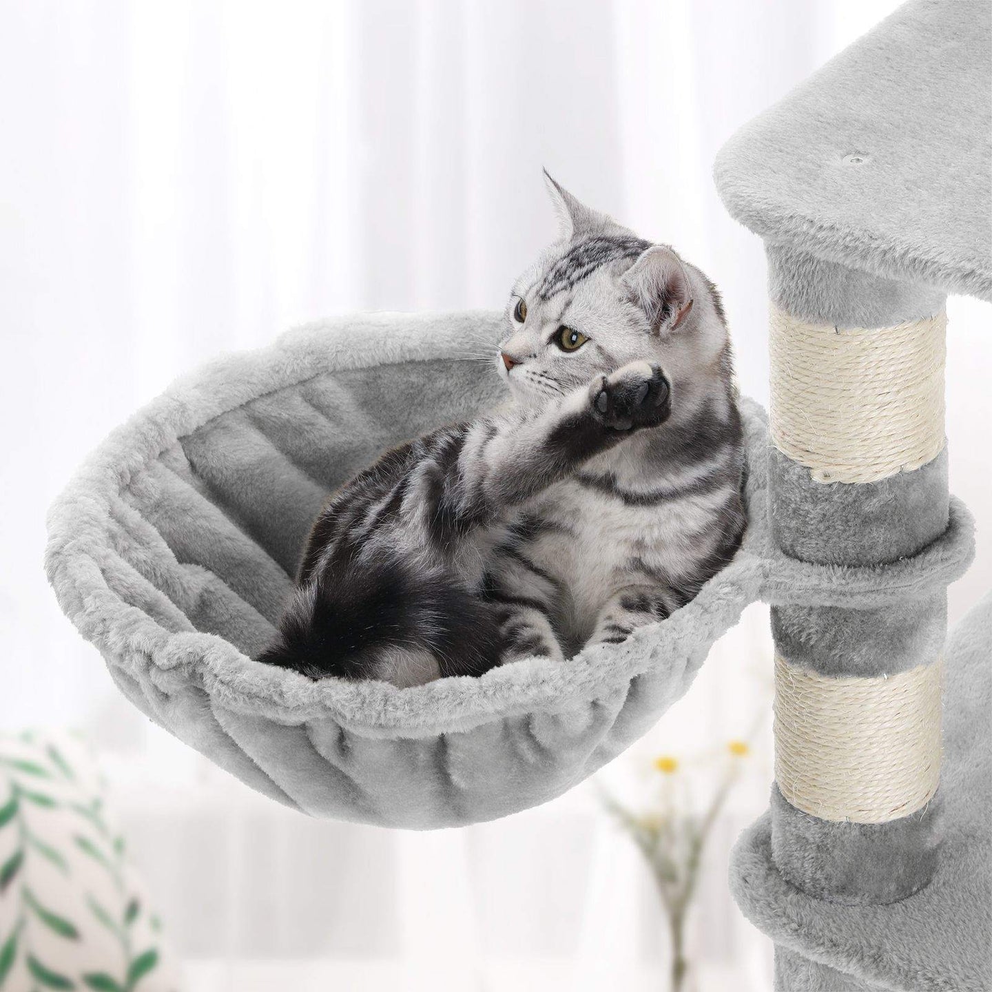 Cat Tree - Engineered Wood - Light Grey - Multi-Level with Hammock and Feeder Bowl