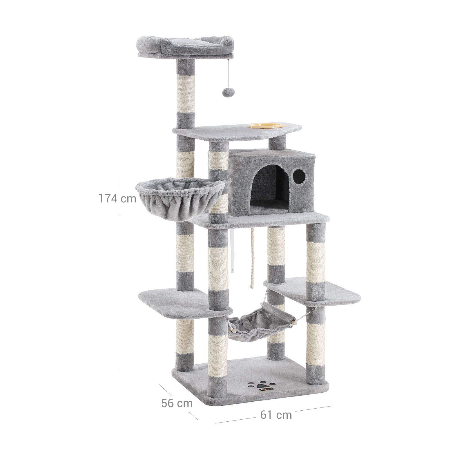 Cat Tree - Engineered Wood - Light Grey - Multi-Level with Hammock and Feeder Bowl