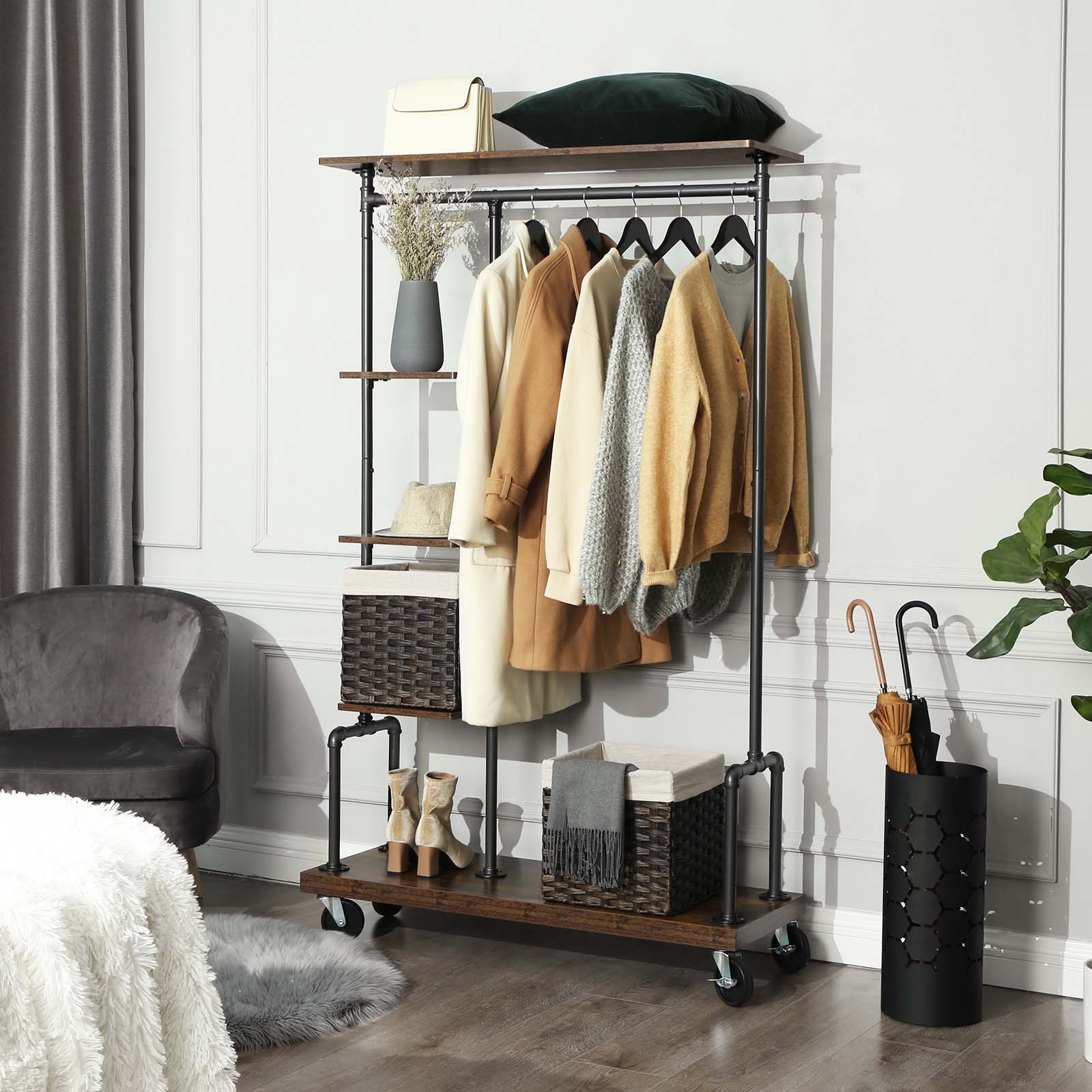 Clothing Rack - Mobile 5-Tier Design - Metal - Rustic Brown