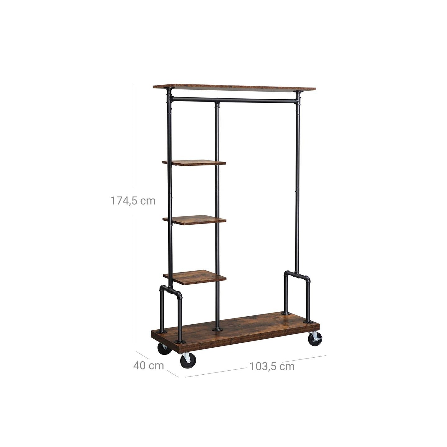 Clothing Rack - Mobile 5-Tier Design - Metal - Rustic Brown