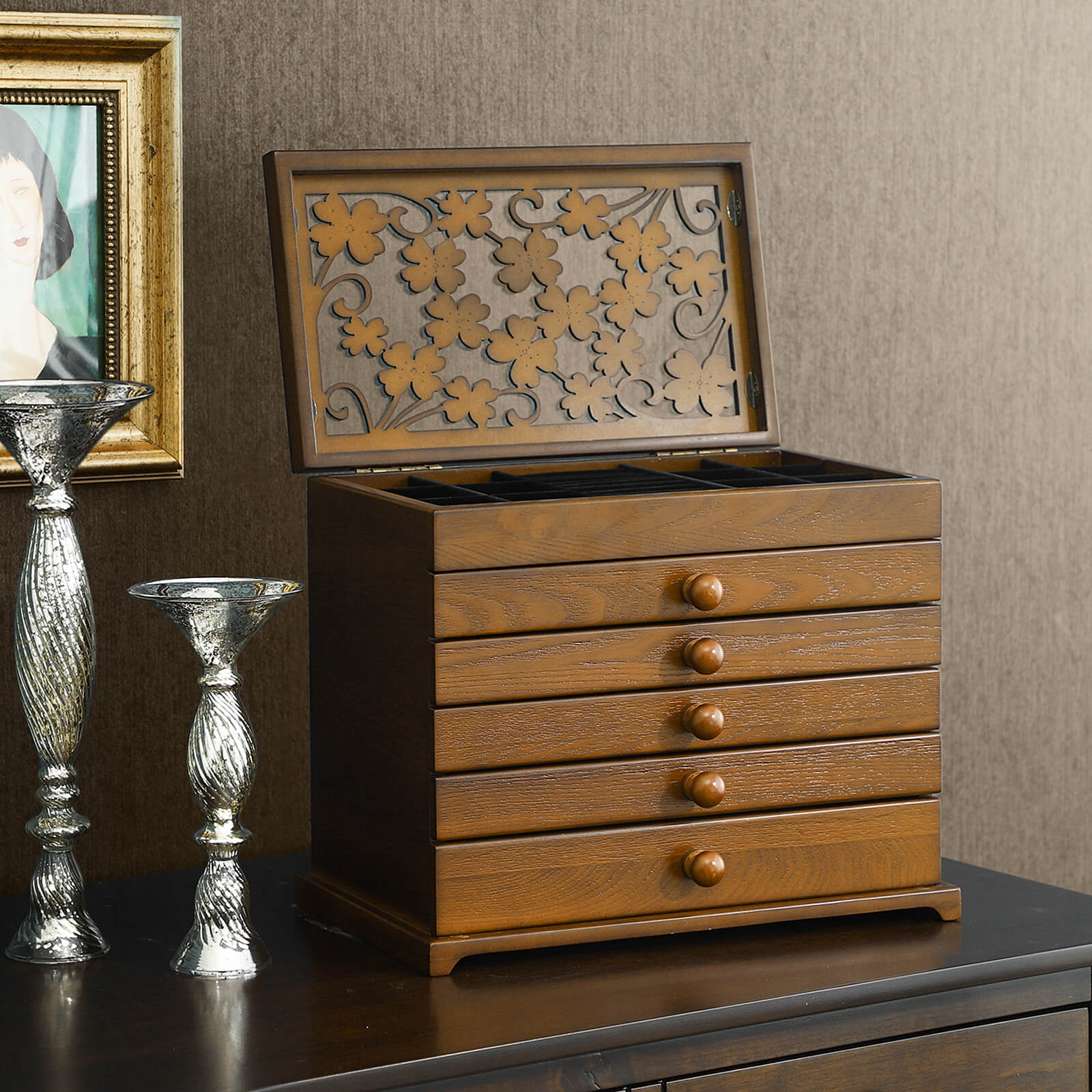 Jewellery Box - MDF Wood - Dark Brown - 6 Layers with 5 Drawers