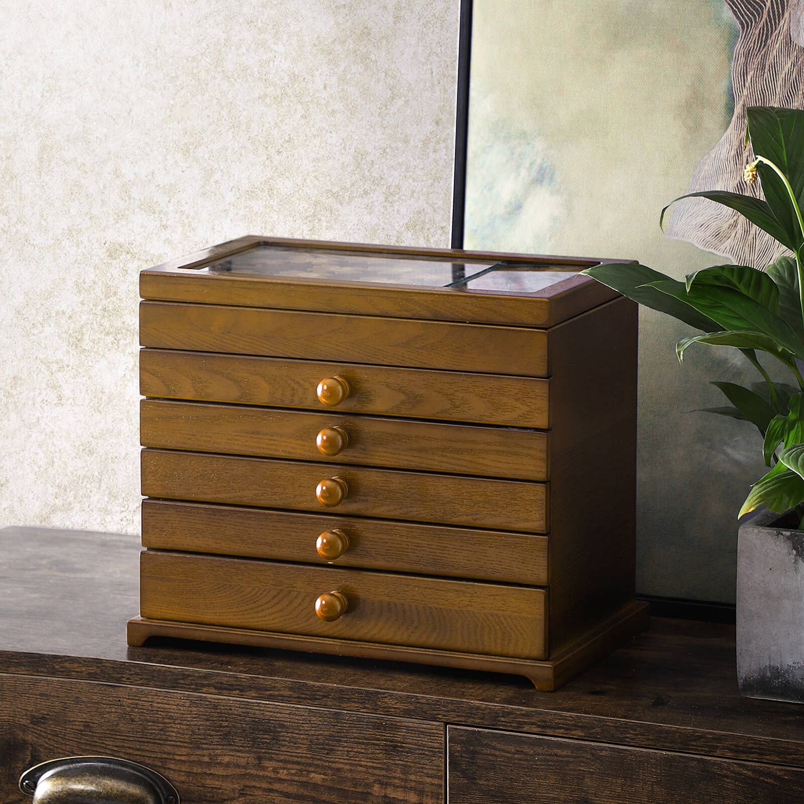 Jewellery Box - MDF Wood - Dark Brown - 6 Layers with 5 Drawers