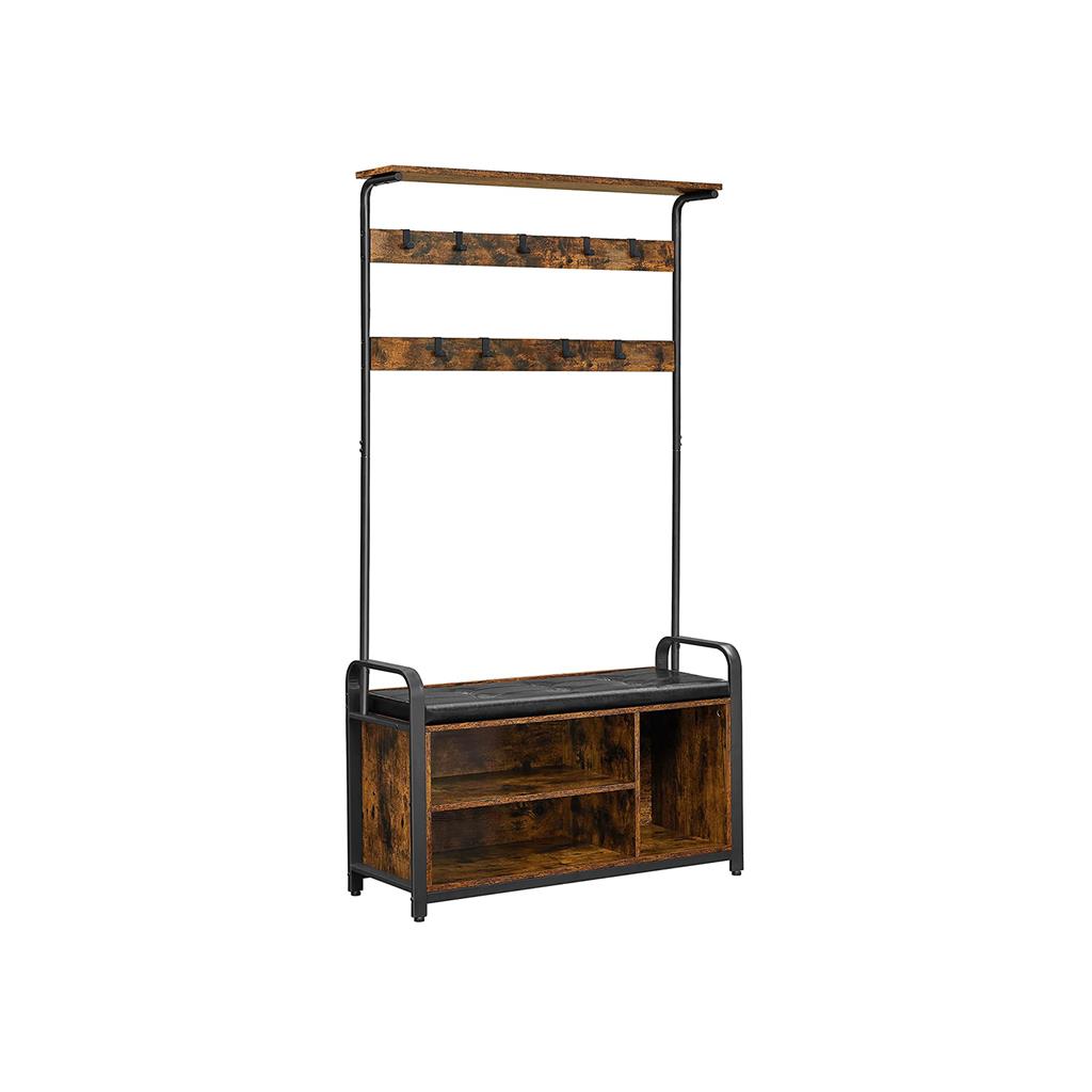 Coat Rack Stand - Steel Frame - Rustic Brown and Black - 8 Hooks with Shoe Bench