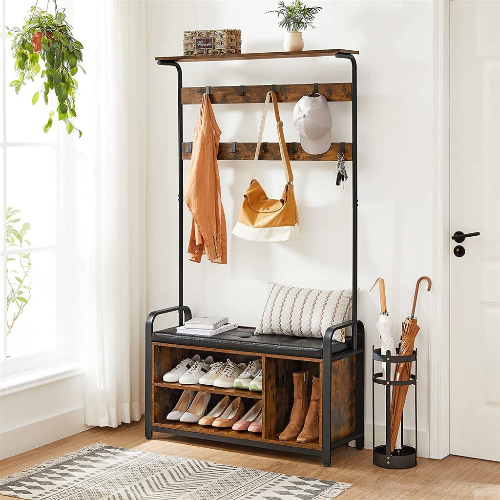 Coat Rack Stand - Steel Frame - Rustic Brown and Black - 8 Hooks with Shoe Bench