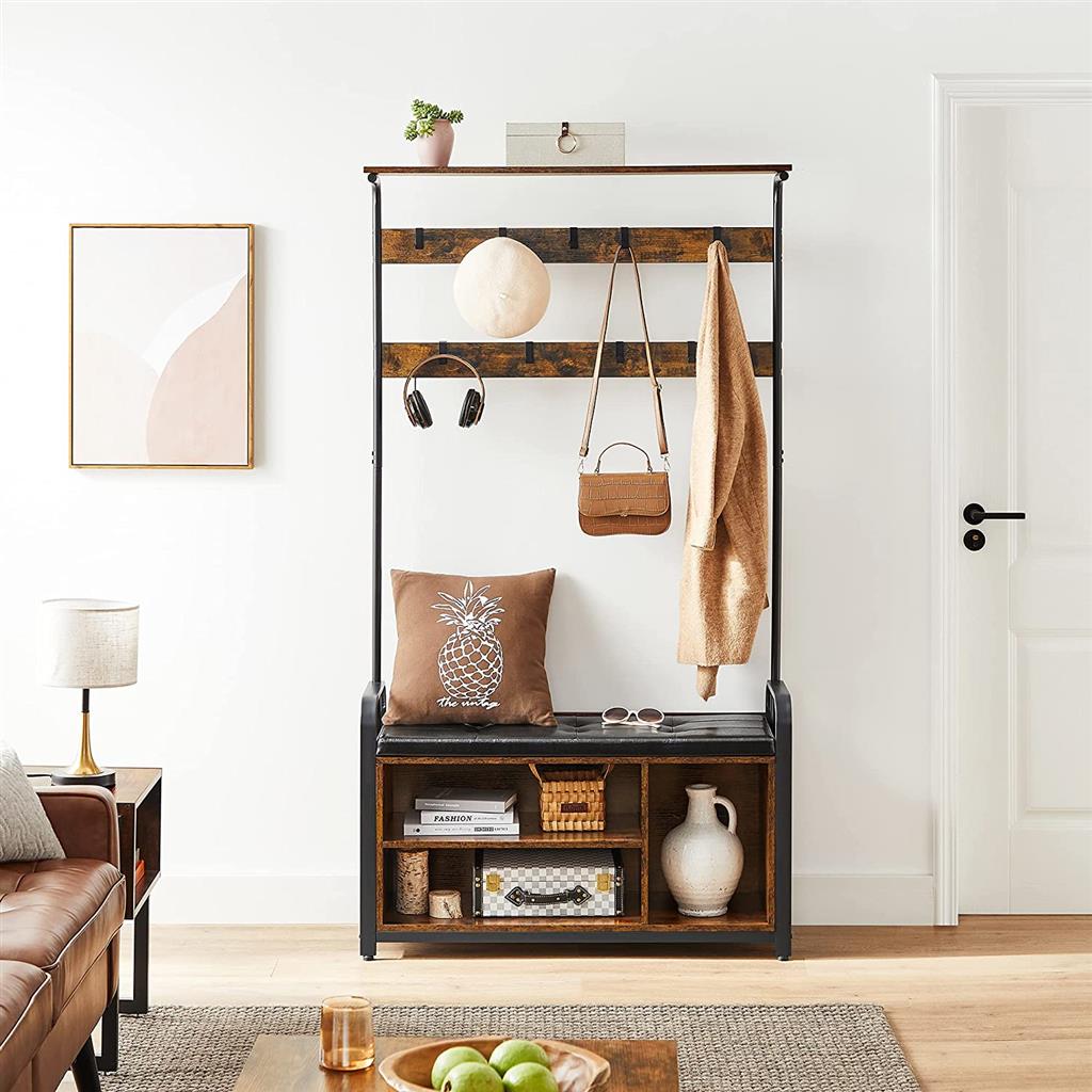 Coat Rack Stand - Steel Frame - Rustic Brown and Black - 8 Hooks with Shoe Bench