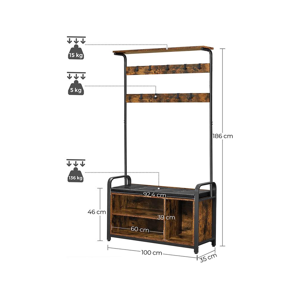 Coat Rack Stand - Steel Frame - Rustic Brown and Black - 8 Hooks with Shoe Bench
