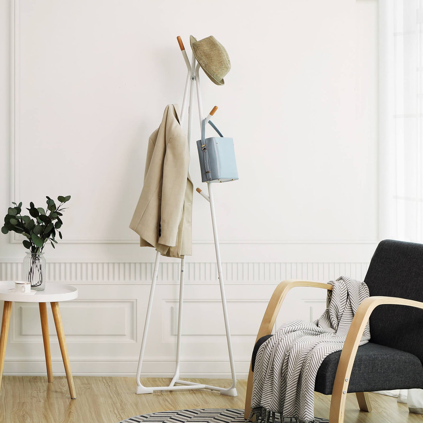 Coat Rack Stand - 9 Hooks - Beech Wood - Black with Natural Grain