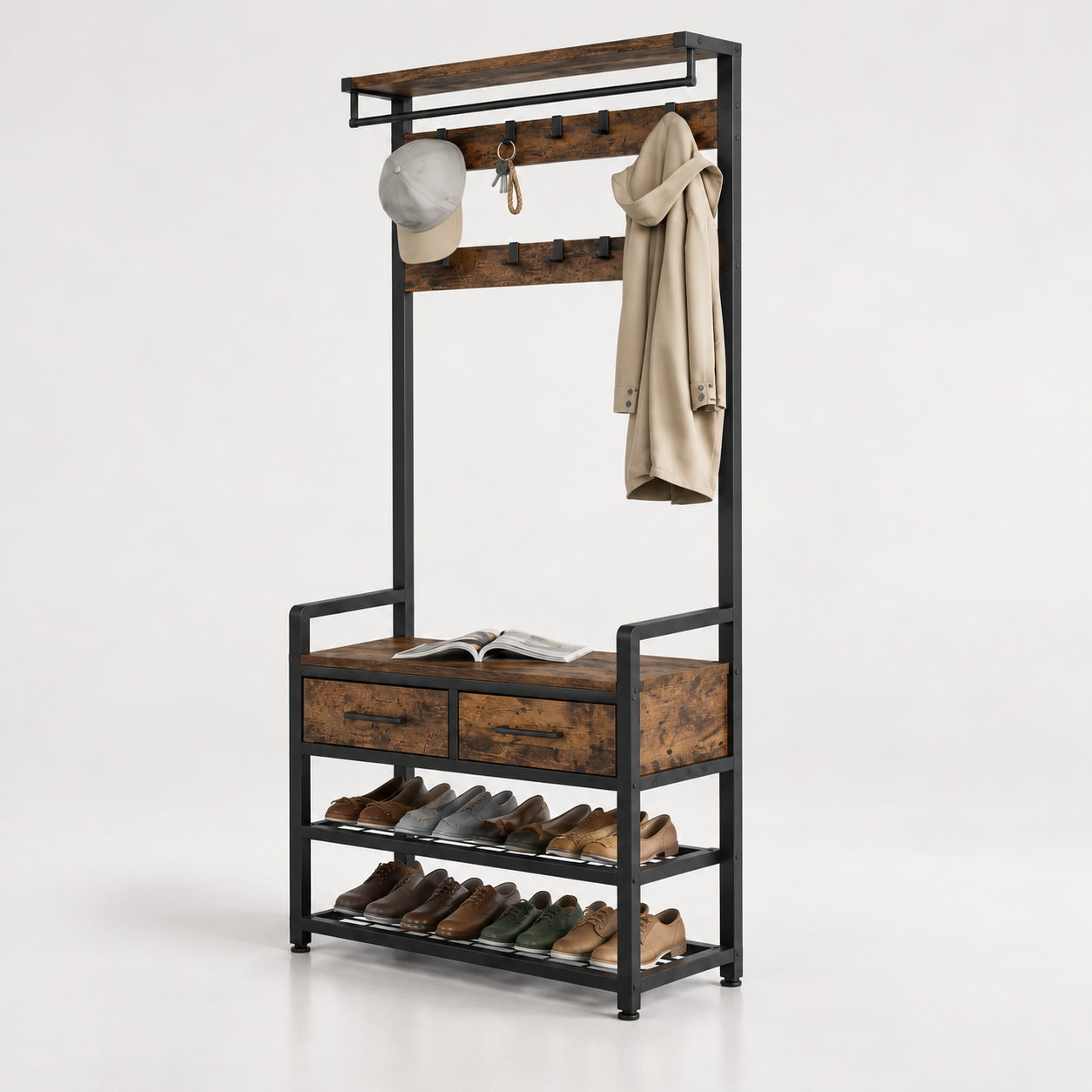 6-in-1 Hall Tree – Coat Rack with 10 Hooks – Shoe Bench – 2 Drawers - Detachable