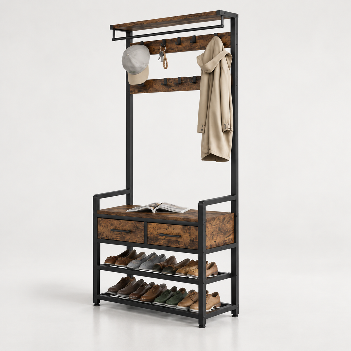 6-in-1 Hall Tree – Coat Rack with 10 Hooks – Shoe Bench – 2 Drawers - Detachable