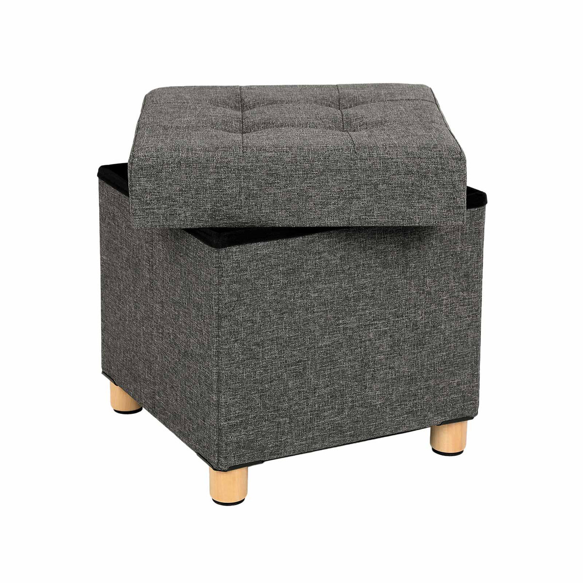 Collapsible Storage Ottoman - Fabric - Dark Grey - Multifunctional Foot Stool with Wooden Feet